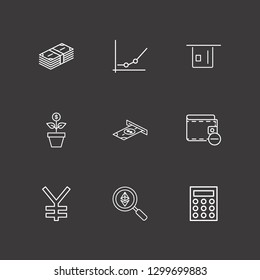 Outline 9 financial icon set. money flowe, money withdrawal, card withdrawal and analytics chart vector illustration