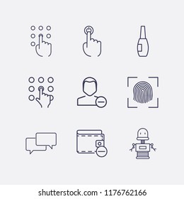 Outline 9 finger icon set. chat, finger click, nail brush, robot, pressing number, finger scanner, remove wallet and remove user vector illustration
