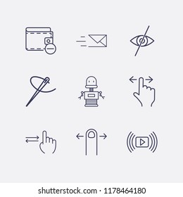 Outline 9 finger icon set. needle thread, forbidden look, media player, remove wallet, send message, finger swipe and robot vector illustration