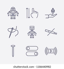 Outline 9 finger icon set. ethereum with hand, nail, finger swipe, no smoking, media player, robot, switch button and needle thread vector illustration