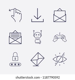 Outline 9 finger icon set. download, forbidden look, password lock, message, joystick with hand, bot and finger swipe vector illustration