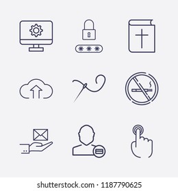 Outline 9 finger icon set. password lock, user payment, needle thread, cloud upload, monitor setting, finger click, bible, no smoking and hand with message vector illustration