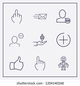 Outline 9 finger icon set. thumb up, send message, user payment and robot vector illustration