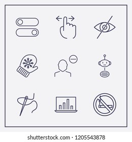 Outline 9 finger icon set. switch button, finger swipe, needle thread and forbidden look vector illustration