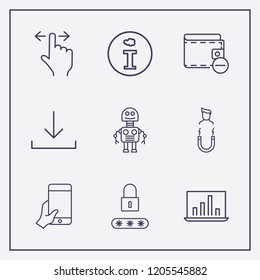 Outline 9 finger icon set. hand with phone, remove wallet, global analytics and robot vector illustration