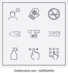Outline 9 finger icon set. liquid soap, remove user, cash withdrawal and no smoking vector illustration