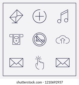 Outline 9 finger icon set. cloud upload, cash withdrawal, no smoking and click vector illustration