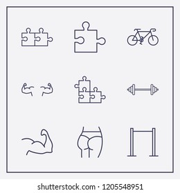 Outline 9 fit icon set. pull up, ass figure, bike and jigsaw vector illustration