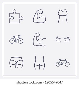 Outline 9 fit icon set. body, jigsaw, figure ass and muscle vector illustration