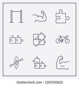 Outline 9 fit icon set. rowing, puzzle, bike and jigsaw vector illustration