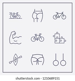 Outline 9 fit icon set. muscle, jigsaw, sport ring and bike vector illustration