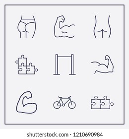 Outline 9 fit icon set. muscle, figure ass, pull up and bike vector illustration