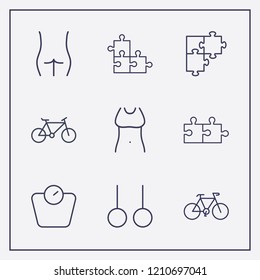 Outline 9 fit icon set. jigsaw, bike, body and sport ring vector illustration
