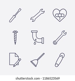 Outline 9 fix icon set. screwdriver, safety pin, screw, wrench, document edit, broken pipe, broken heart with plaster and toilet pump vector illustration