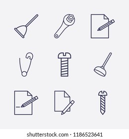 Outline 9 fix icon set. wrench, screw, safety pin, document edit, toilet pump and edit document vector illustration