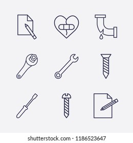 Outline 9 fix icon set. screwdriver, edit document, wrench, screw, document edit, broken pipe and broken heart with plaster vector illustration