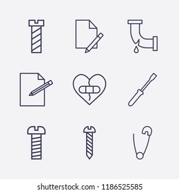 Outline 9 fix icon set. document edit, broken heart with plaster, screw, broken pipe, edit document, safety pin and screwdriver vector illustration