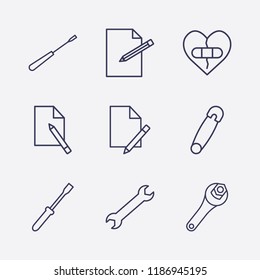 Outline 9 fix icon set. screwdriver, document edit, broken heart with plaster, edit document, safety pin and wrench vector illustration