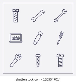 Outline 9 fix icon set. wrench, safety pin, diagnostic and screwdriver vector illustration
