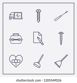 Outline 9 fix icon set. screw, broken heart with plaster, toilet pump and document edit vector illustration