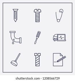 Outline 9 fix icon set. edit document, screw, toilet pump and diagnostic vector illustration