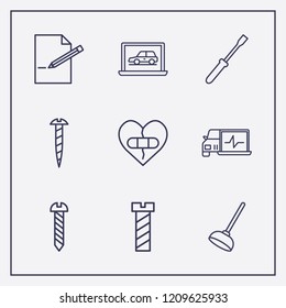 Outline 9 fix icon set. screw, edit document, screwdriver and broken heart with plaster vector illustration