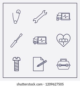 Outline 9 fix icon set. screwdriver, edit document, broken heart with plaster and tool box vector illustration