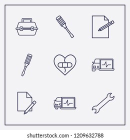 Outline 9 fix icon set. screwdriver, diagnostic, edit document and broken heart with plaster vector illustration