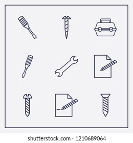 Outline 9 fix icon set. edit document, wrench, tool box and screw vector illustration