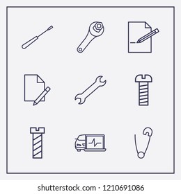 Outline 9 fix icon set. safety pin, document edit, wrench and screw vector illustration
