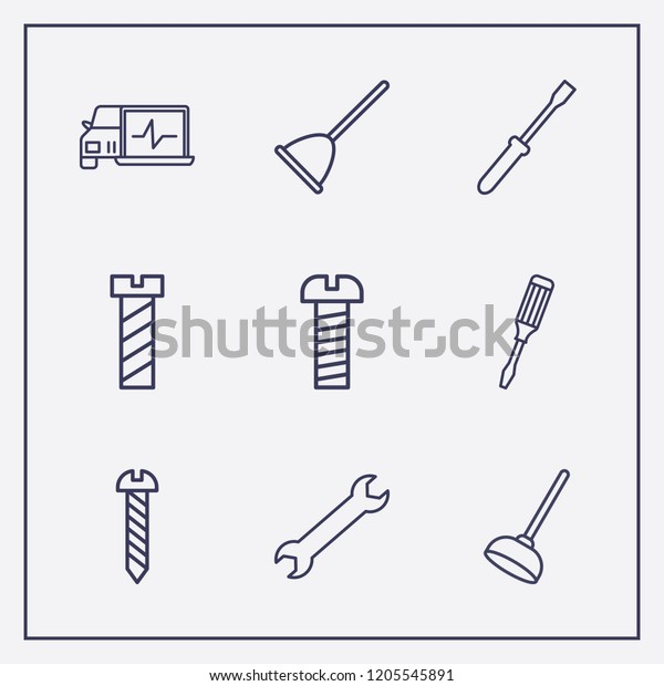 Outline 9 fix icon set. toilet pump, screw,\
wrench and screwdriver vector\
illustration
