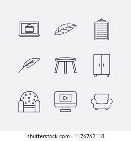 Outline 9 flat icon set. backless stool, clipboard, leaf, armchair, comod, laptop with suitcase and monitor with media player vector illustration