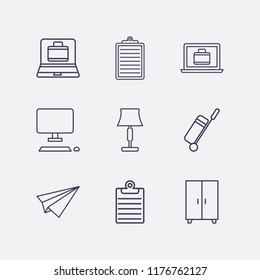 Outline 9 flat icon set. travel bag, comod, clipboard, lampshade, laptop with suitcase, paper airplane and desktop vector illustration