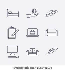 Outline 9 flat icon set. sofa, leaf, clipboard, bed, hand with gear, laptop with suitcase and desktop vector illustration