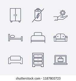 Outline 9 flat icon set. bed, hand with gear, comod, laptop with suitcase, sofa and forbidden battery vector illustration