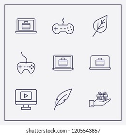 Outline 9 flat icon set. joystick, hand with gift box, monitor with media player and laptop with suitcase vector illustration