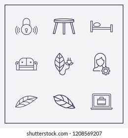 Outline 9 flat icon set. leaf, backless stool, bed and sofa vector illustration