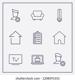 Outline 9 flat icon set. home, armchair, lamp and user setting vector illustration