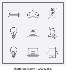 Outline 9 flat icon set. forbidden battery, joystick, lamp and laptop with suitcase vector illustration