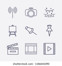 Outline 9 frame icon set. paper pin, movie clapper, painting board, film strip, signal, photo camera and garlands vector illustration