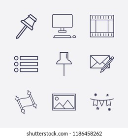 Outline 9 frame icon set. paper pin, menu, old paper, edit message, garland, desktop, film strip and picture vector illustration