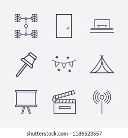 Outline 9 frame icon set. bus stop, door, signal, tent, garland, paper pin, car chassis, board and movie clapper vector illustration