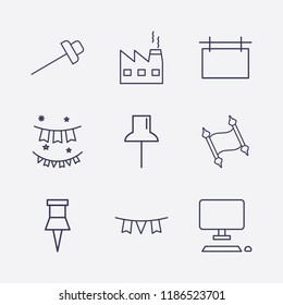 Outline 9 frame icon set. factory, garlands, advertising board, paper pin, desktop and old paper vector illustration