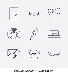 Outline 9 frame icon set. paper pin, signal, bus stop, garland, door, photo camera and edit message vector illustration