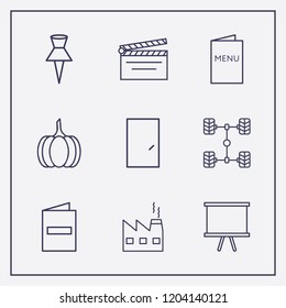 Outline 9 frame icon set. menu, factory, board and car chassis vector illustration