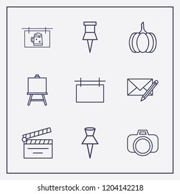 Outline 9 frame icon set. beer billboard, painting board, pumpkin and photo camera vector illustration
