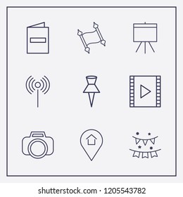 Outline 9 frame icon set. film strip, paper pin, menu and board vector illustration