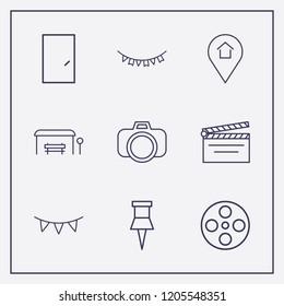 Outline 9 frame icon set. movie clapper, bus stop, paper pin and garland vector illustration