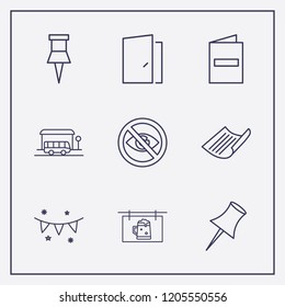 Outline 9 frame icon set. no view, bus stop, paper pin and paper vector illustration