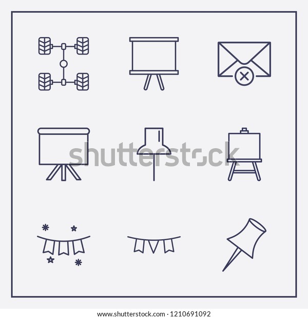 Outline 9 frame icon set. car\
chassis, board, painting board and remove message vector\
illustration